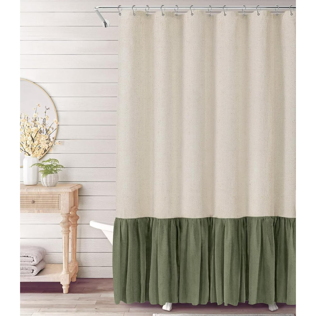 Psoiuetr Farmhouse Shower Curtain Ruffle Linen Textured Boho Shower Curtain for Bathroom, Sage Green 72" W x 72" L