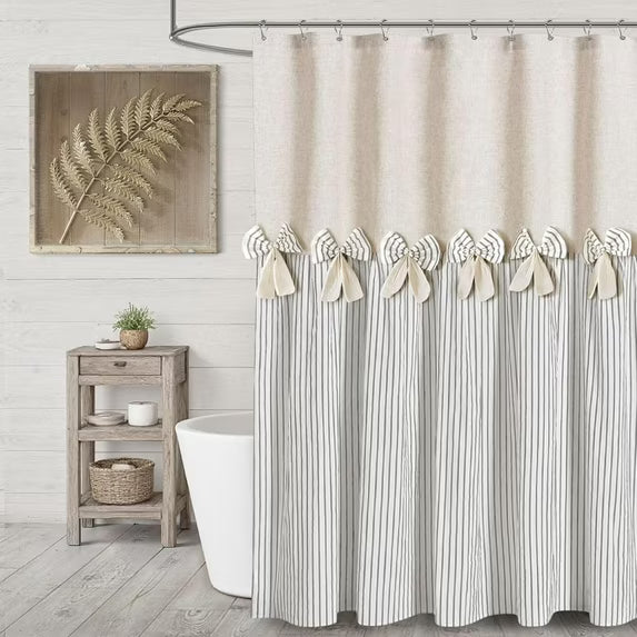 Psoiuetr Farmhouse Shower Curtain Bow Linen Textured Shower Curtains for Bathroom Western Rustic French Country Cottage Fabric, Pleated Gray Stripe, 72" W X 72" L Inch
