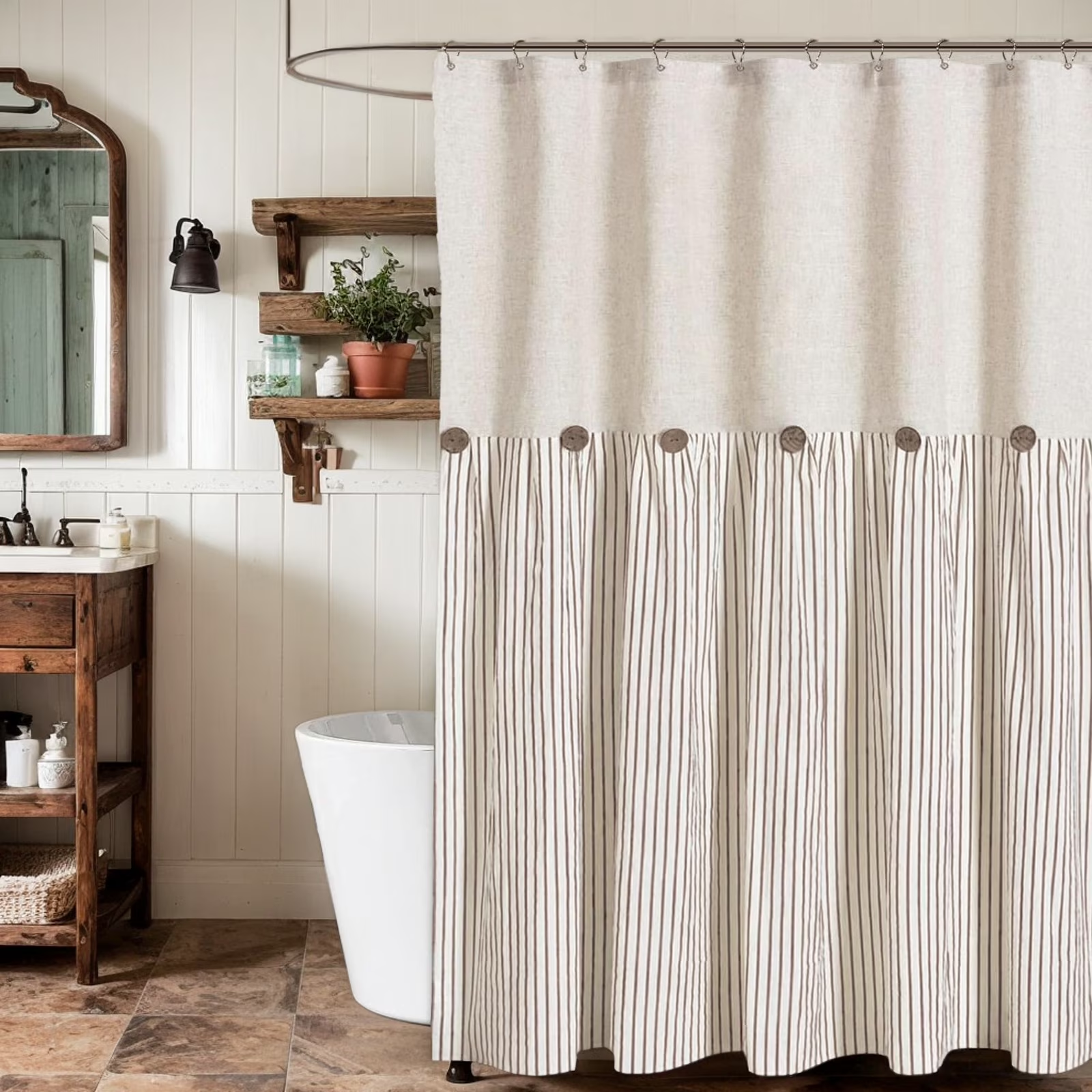 Psoiuetr Linen Shower Curtains for Bathroom Farmhouse Shower Curtain Rustic Country Button Fabric Pleated Brown Stripe 72" x 72"