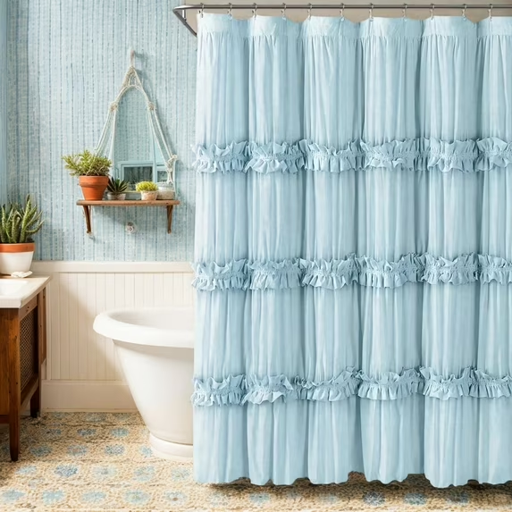 Psoiuetr Ruffle Vintage Shower Curtain Boho Farmhouse Shower Curtain for Bathroom Blue 72" L x 72" W