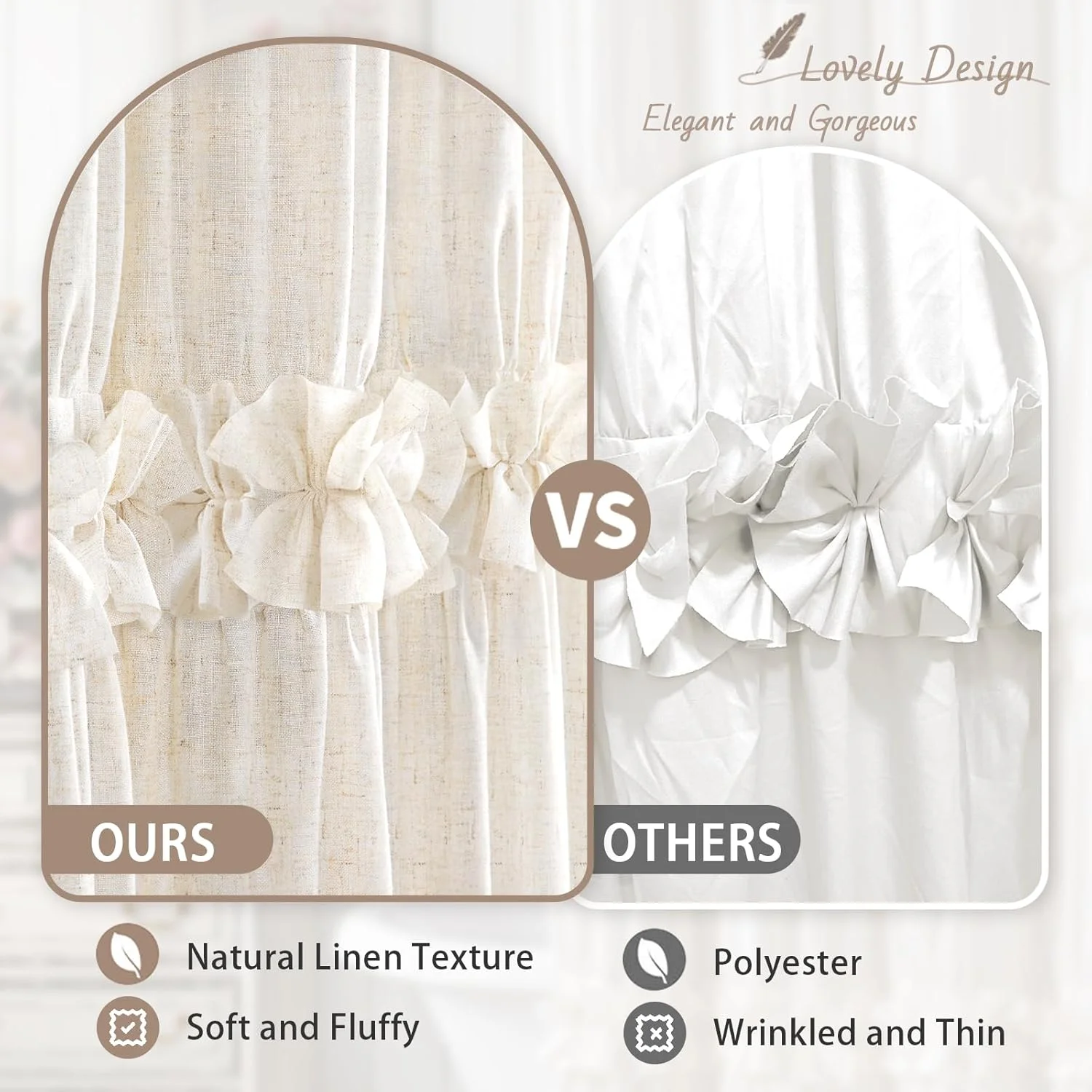 Psoiuetr Ruffle Shower Curtain with Vintage Cute Bow and Natural Linen Tuxtured Shower Curtain for Bathroom Boho Farmhouse Off White 72" W x 72"
