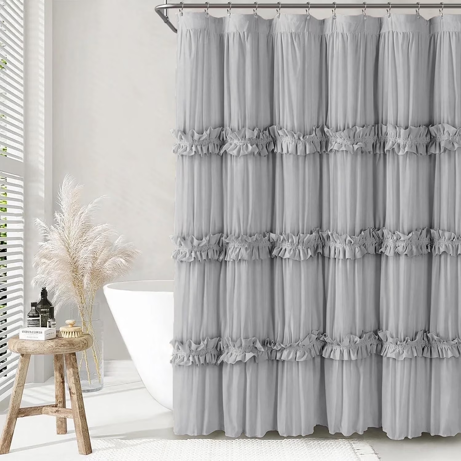 Psoiuetr Ruffle Vintage Shower Curtain Boho Farmhouse Shower Curtain for Bathroom Gray 72" L x 72" W