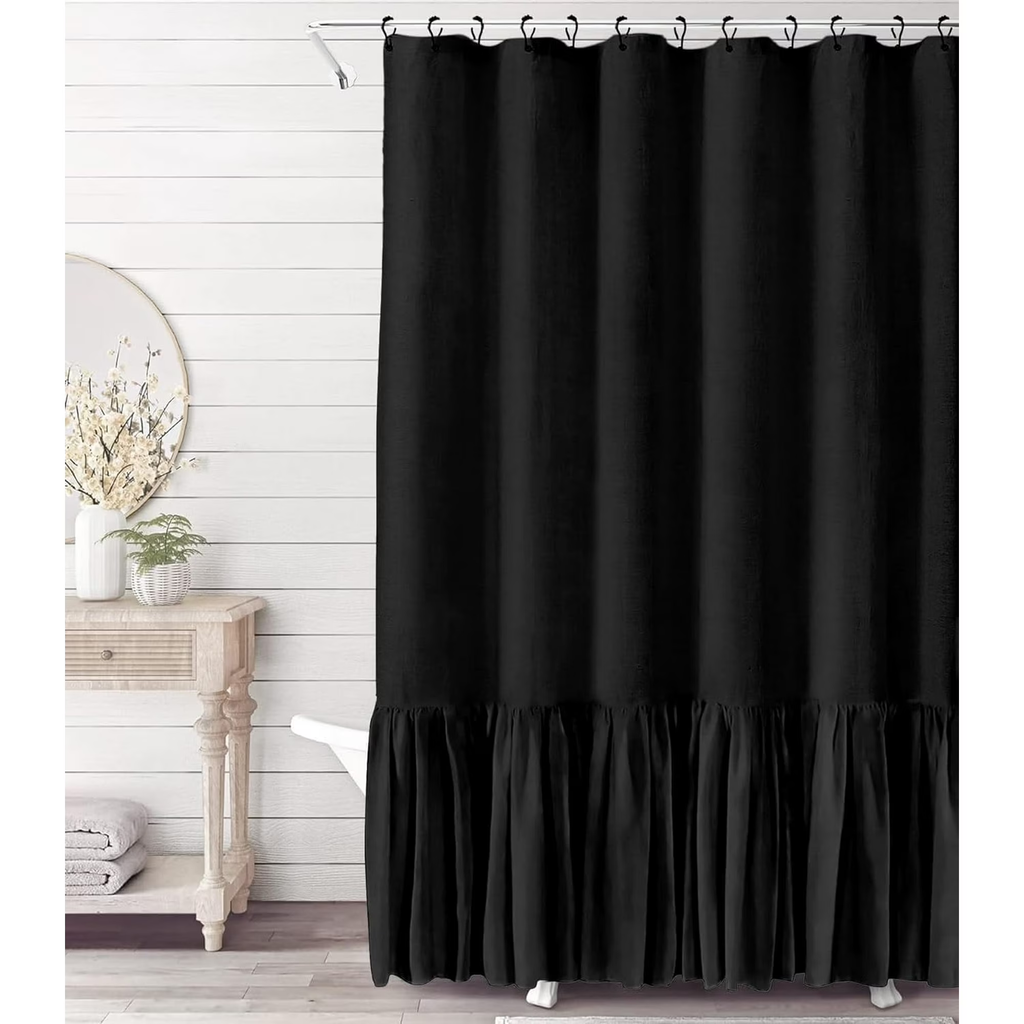 Psoiuetr Farmhouse Shower Curtain with A Ruffle Hem Black Linen Shower Curtain for Bathroom 72"x72"