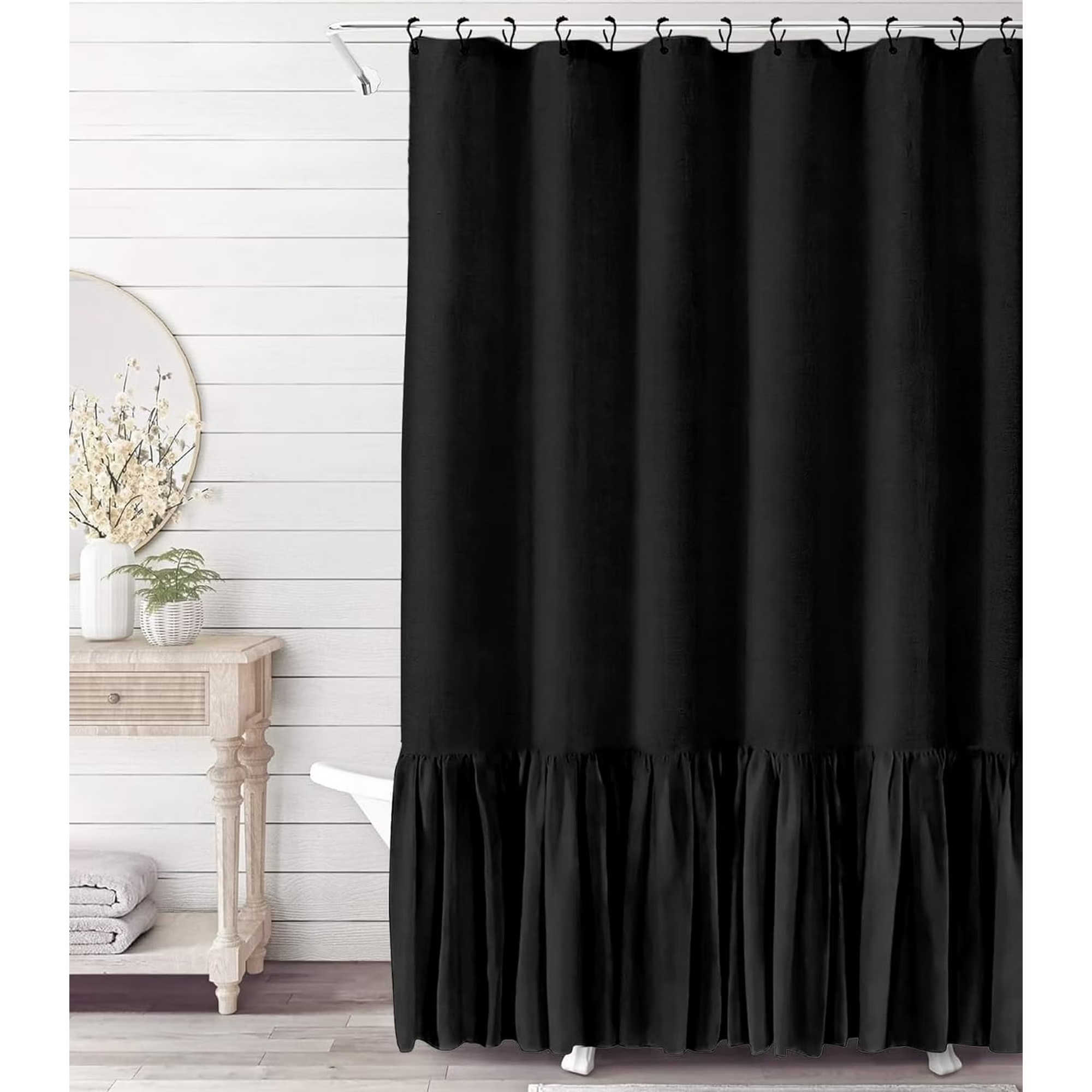 Psoiuetr Farmhouse Shower Curtain with A Ruffle Hem Black Linen Shower Curtain for Bathroom 72"x72"