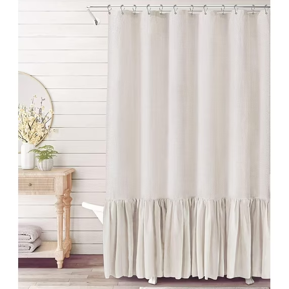 Psoiuetr Farmhouse Shower Curtain with A Ruffle Hem Beige Linen Shower Curtain for Bathroom 72"x72"