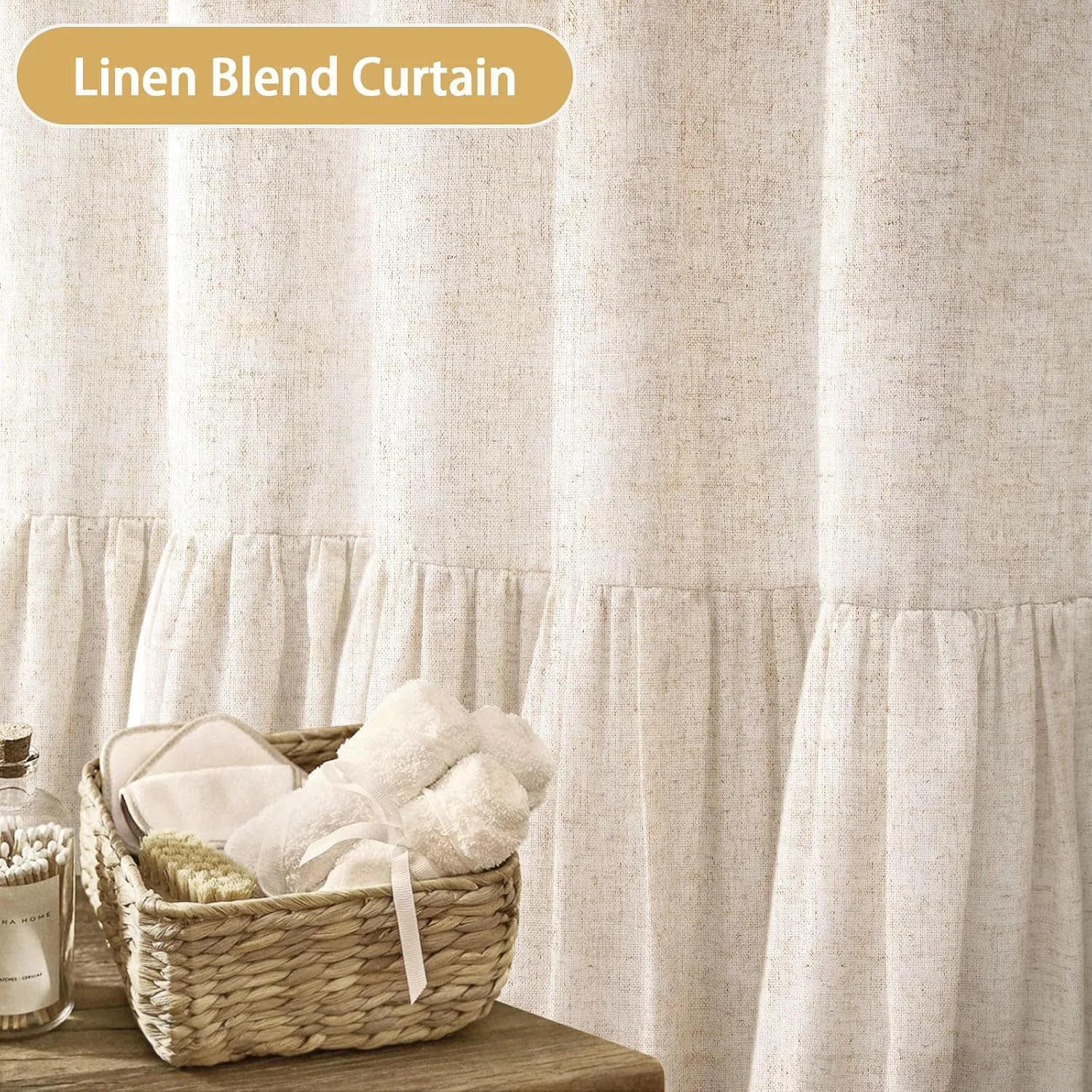 Psoiuetr Farmhouse Shower Curtain with A Ruffle Hem Beige Natural Linen Shower Curtain for Bathroom 72"x72"
