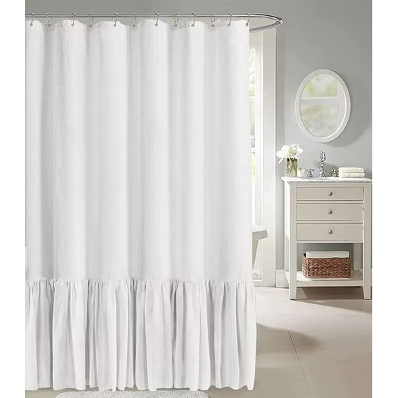Psoiuetr Farmhouse Shower Curtain with A Ruffle Hem Ivory White Linen Shower Curtain for Bathroom 72"x72"
