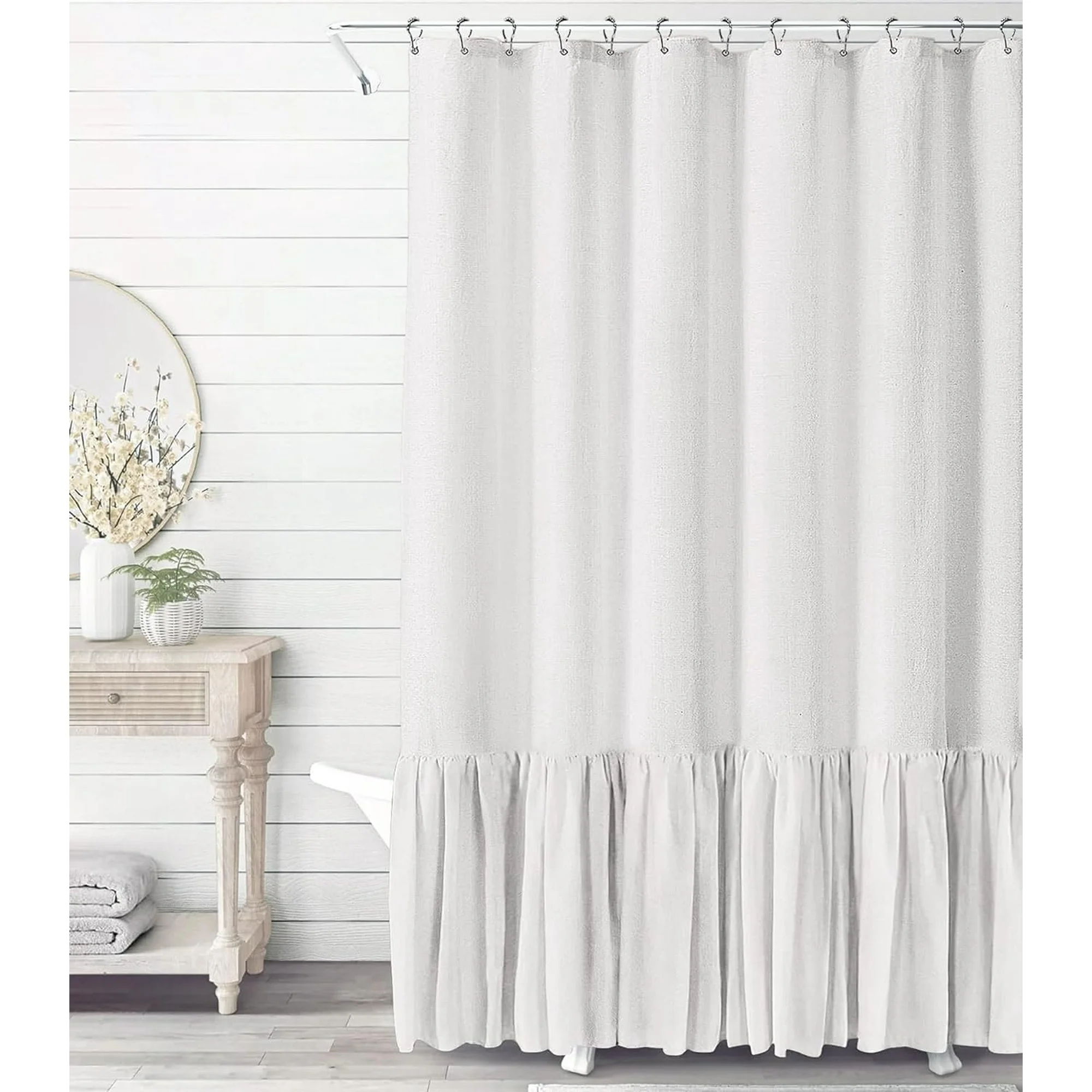 Psoiuetr Farmhouse Shower Curtain with A Ruffle Hem Ivory White Linen Shower Curtain for Bathroom 72"x72"