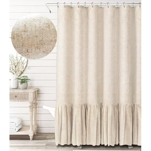 Psoiuetr Farmhouse Shower Curtain with A Ruffle Hem Beige Natural Linen Shower Curtain for Bathroom 72"x78"