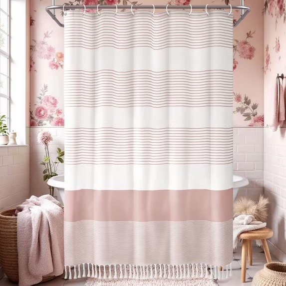 Psoiuetr Boho Pink Shower Curtain for Bathroom Stripe Tassel Fabric Shower Curtain 72 X 72 Inches Farmhouse Linen
