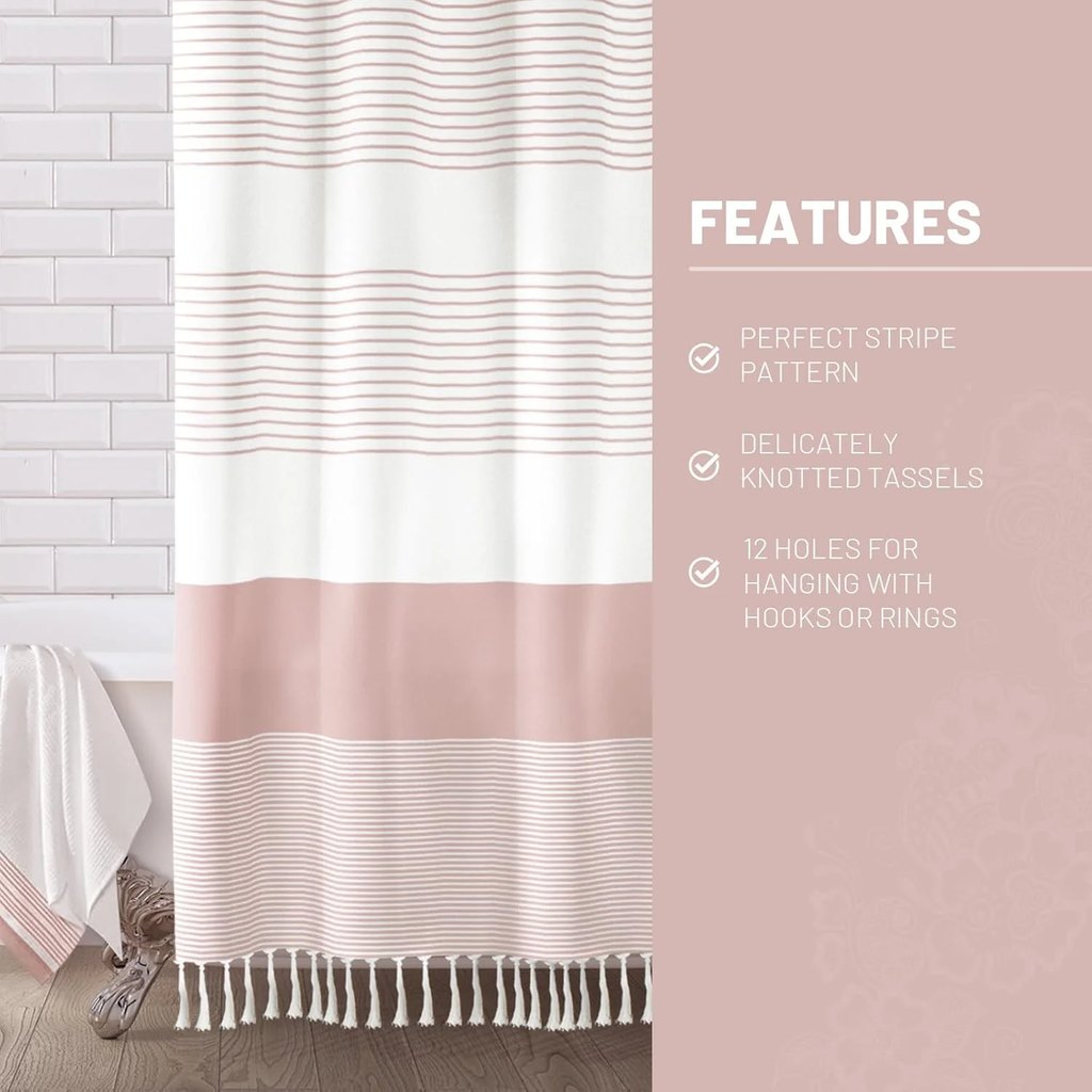Psoiuetr Boho Pink Shower Curtain for Bathroom Stripe Tassel Fabric Shower Curtain 72 X 72 Inches Farmhouse Linen