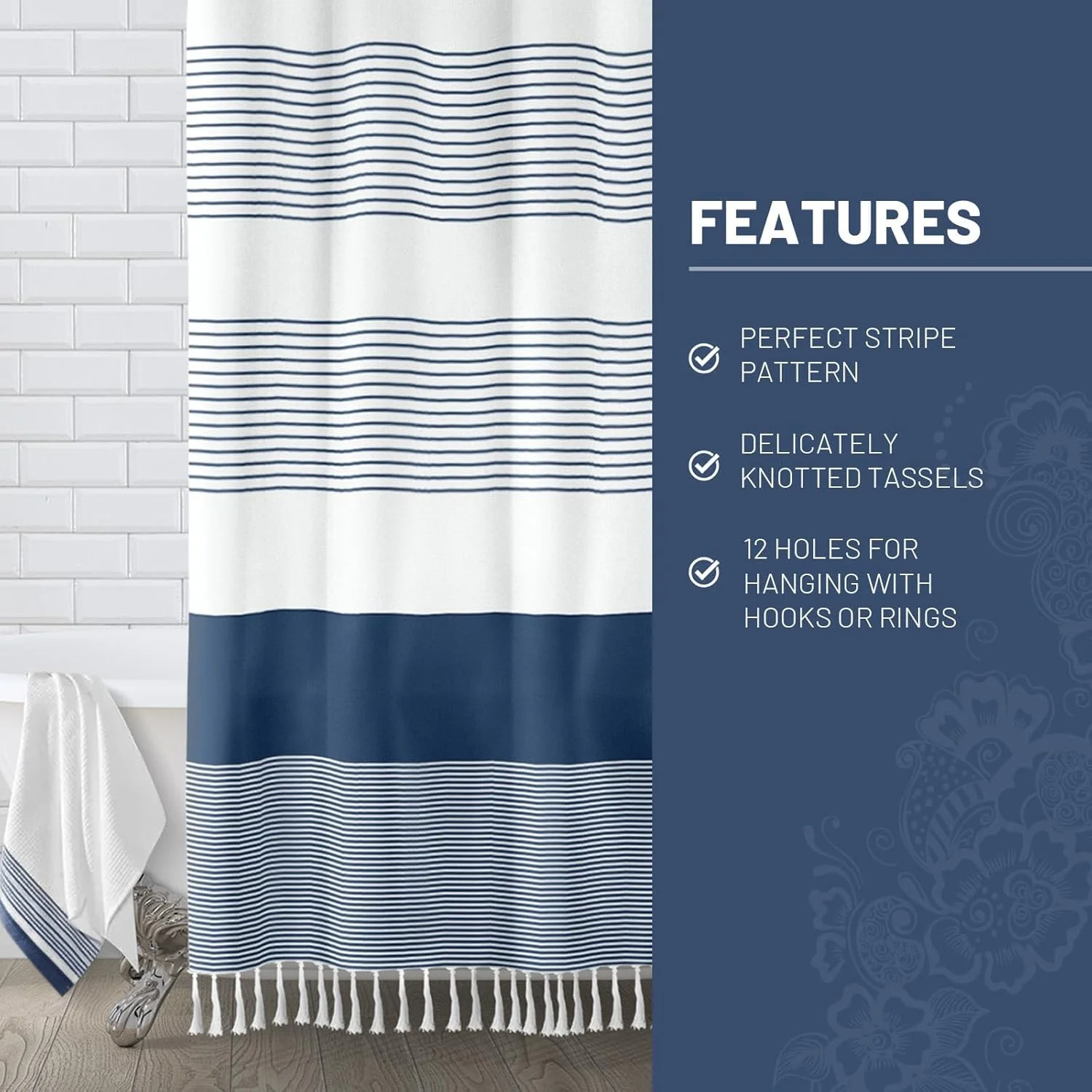Psoiuetr Boho Navy Blue Shower Curtain for Bathroom Stripe Tassel Fabric Shower Curtain 72 X 72 Inches Farmhouse Linen