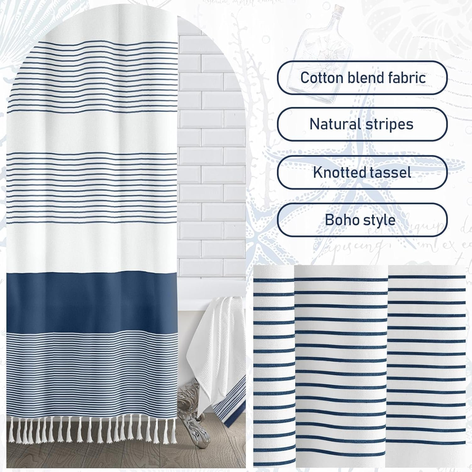 Psoiuetr Boho Navy Blue Shower Curtain for Bathroom Stripe Tassel Fabric Shower Curtain 72 X 72 Inches Farmhouse Linen