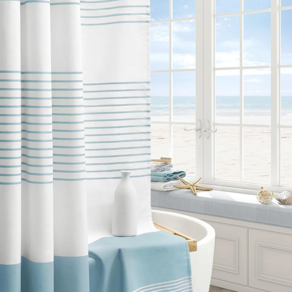 Psoiuetr Blue Shower Curtain Beach Ocean Coastal Nautical Shower Curtain for Bathroom Stripe Tassel 72 X 72 Inches Cotton