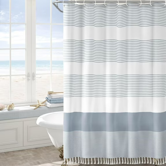 Psoiuetr Boho Light Blue Shower Curtain for Bathroom Stripe Tassel Fabric Shower Curtain 72 X 72 Inches Farmhouse Linen