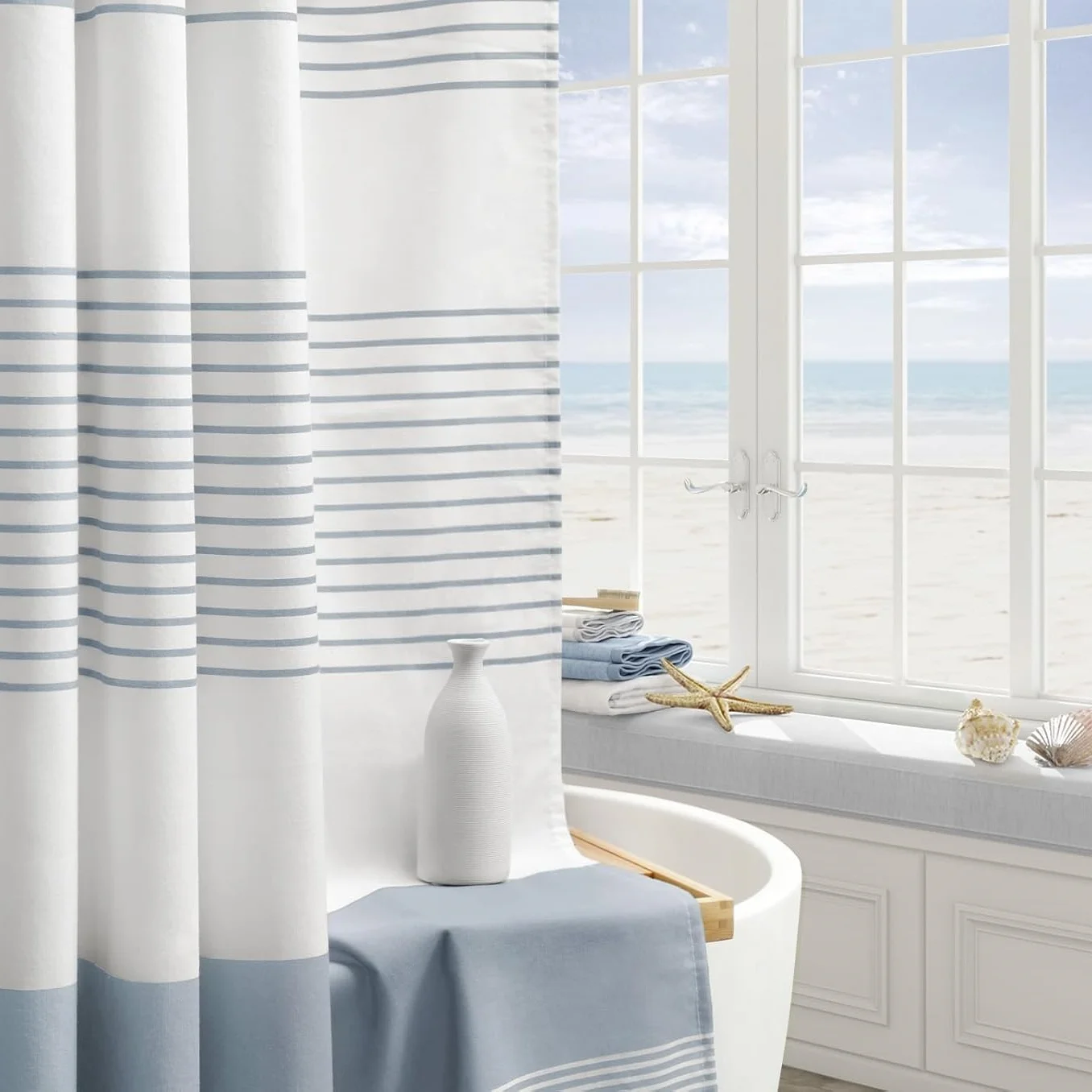 Psoiuetr Boho Light Blue Shower Curtain for Bathroom Stripe Tassel Fabric Shower Curtain 72 X 72 Inches Farmhouse Linen