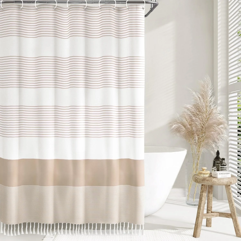 Psoiuetr Boho Beige Shower Curtain for Bathroom Stripe Tassel Fabric Shower Curtain 72 X 72 Inches Farmhouse Linen