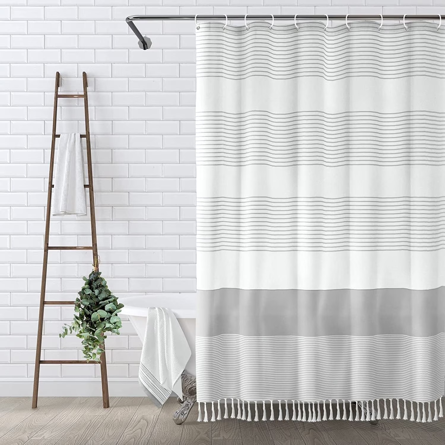 Psoiuetr Boho Gray Shower Curtain for Bathroom Stripe Tassel Fabric Shower Curtain 72 X 72 Inches Farmhouse Linen