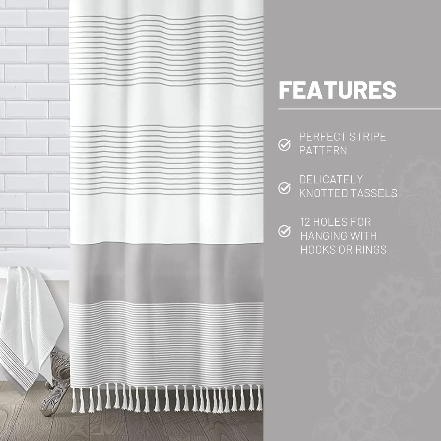 Psoiuetr Boho Gray Shower Curtain for Bathroom Stripe Tassel Fabric Shower Curtain 72 X 72 Inches Farmhouse Linen