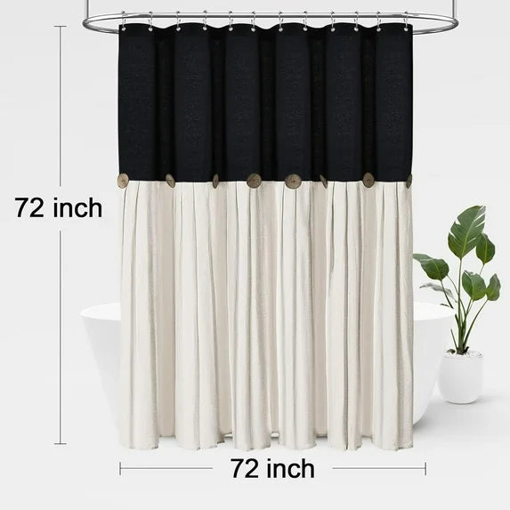 Psoiuetr Linen Button Farmhouse Beige Shower Curtain Linen and Cotton Woven Fabric Country Style (Black & Cream, 72" L x 72" W)