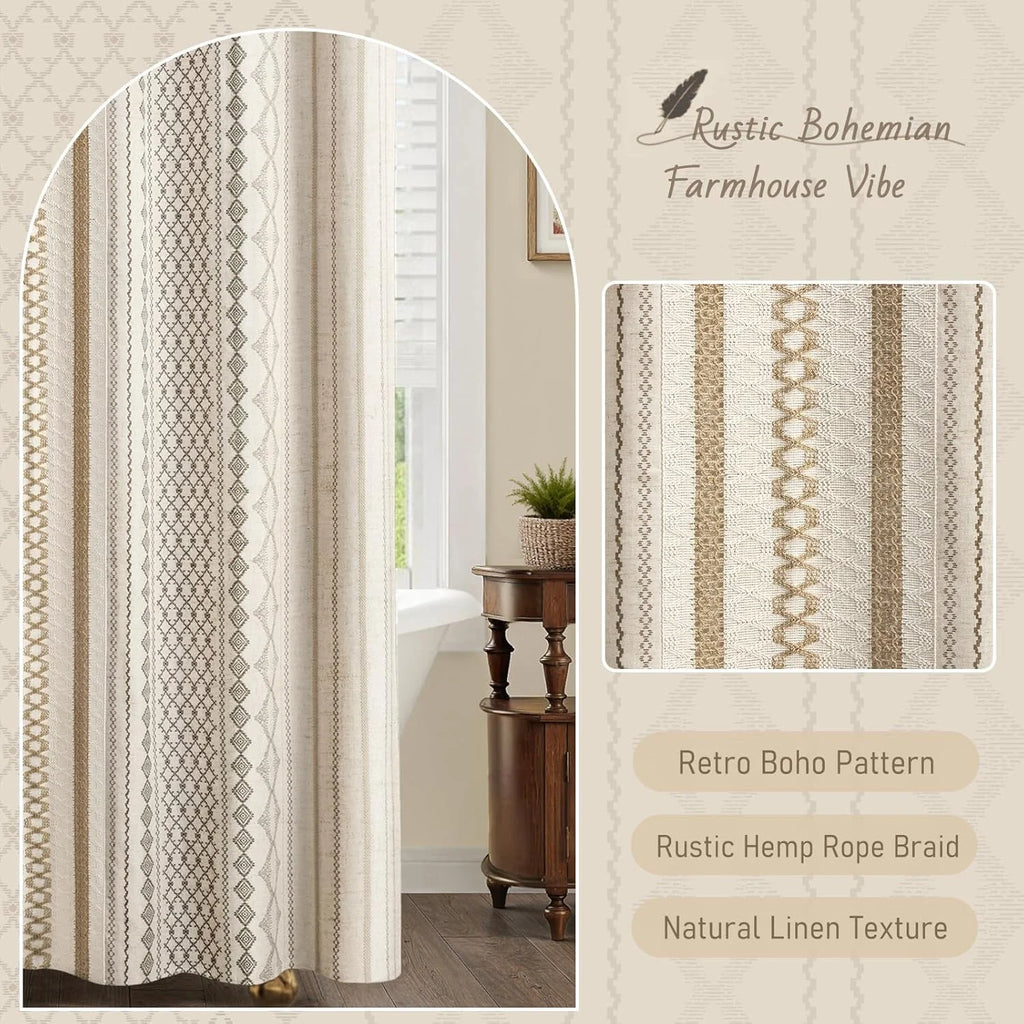 Boho Linen Shower Curtain for Bathroom,with Striped Print and Twine-Inspired Woven Center,72" W x 72" L,Beige