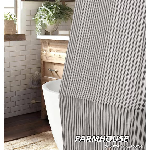 Black Striped Linen Shower Curtain, Vintage Farmhouse Style Bath Curtain for Bathroom, Country Fabric Shower Curtain with Rustic Charm, Standard Size (72x72 Inches)