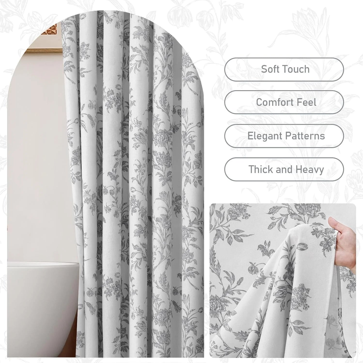 Psoiuetr Gray Shower Curtain Cotton Floral Cottagecore Spring Shower Curtain for Bathroom 72" W x 72" L