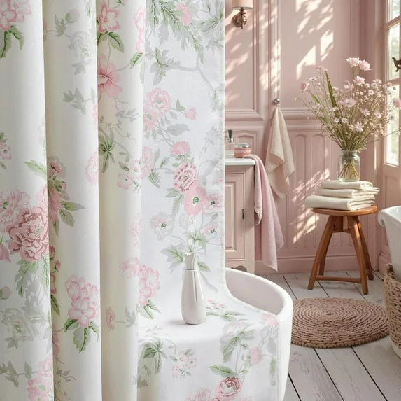 Psoiuetr Green and Pink Shower Curtain,Sage Green Cotton Floral Cottagecore Spring Shower Curtain for Bathroom 72" W x 72" L