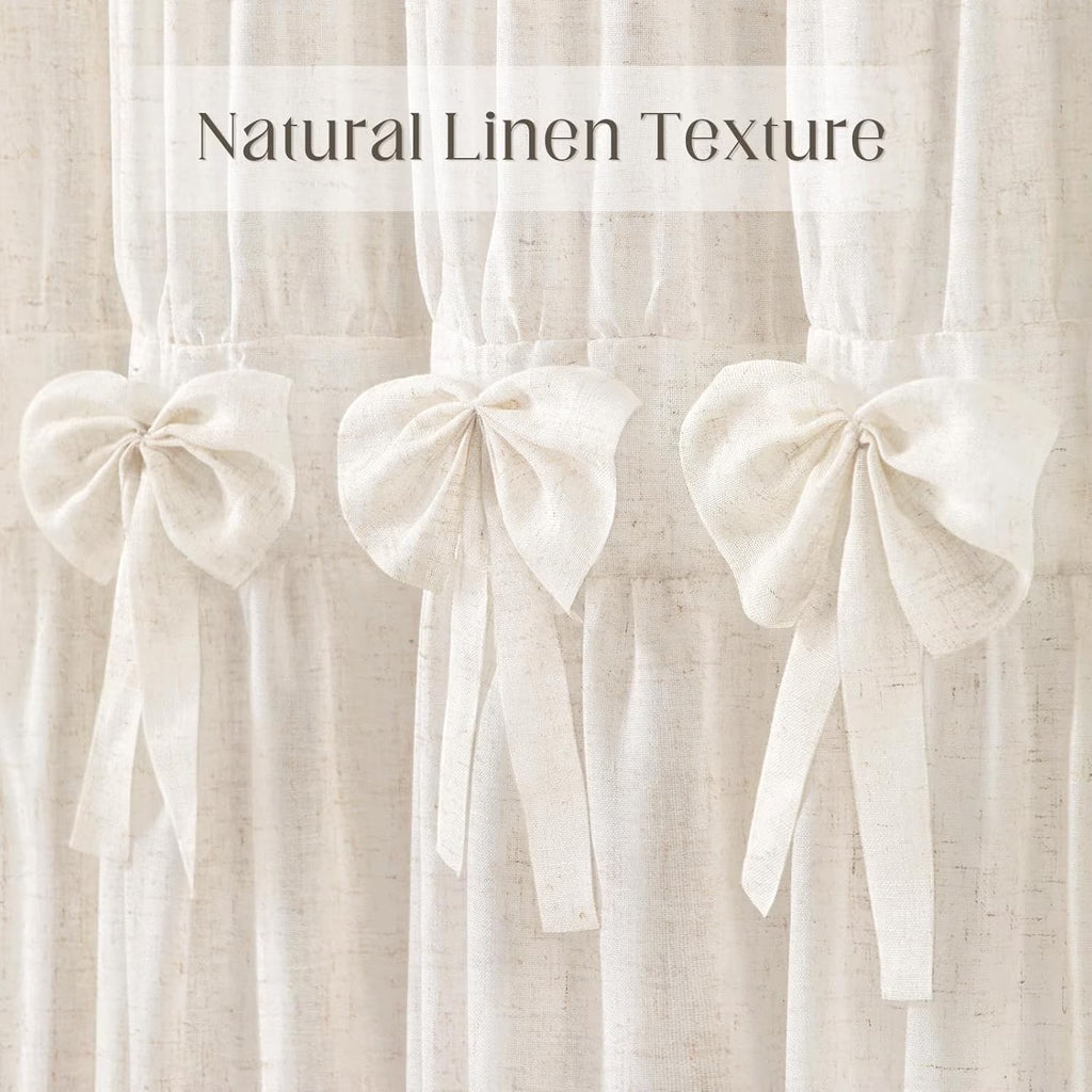 Psoiuetr Linen Ruffle Shower Curtain with Handmade Bows Vintage Farmhouse Shower Curtain for Bathroom,Cream,72" W x 72" L