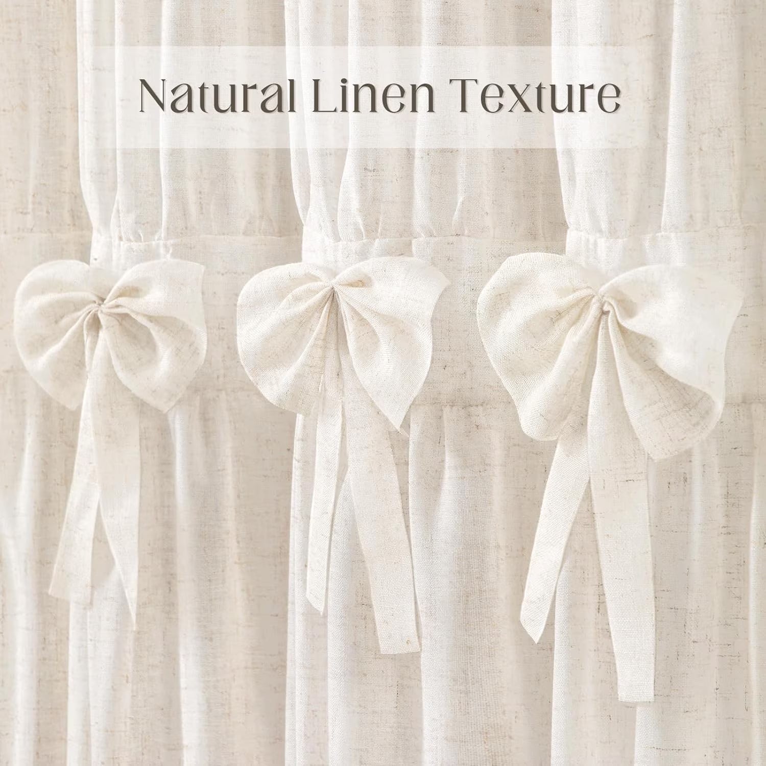 Psoiuetr Linen Ruffle Shower Curtain with Handmade Bows Vintage Farmhouse Shower Curtain for Bathroom,Cream,72" W x 72" L