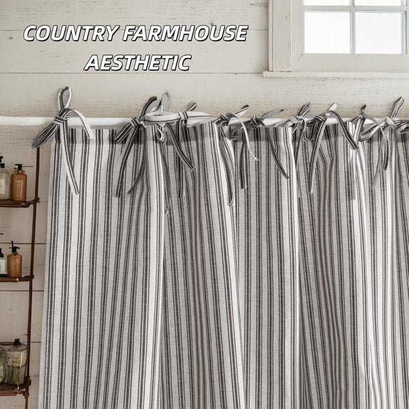 Black Striped Linen Hookless Shower Curtain, Vintage Farmhouse Style with Bow Knot Ties, Country Fabric Bathroom Curtain for Bathroom Decor, Standard Size (72x72 Inches)