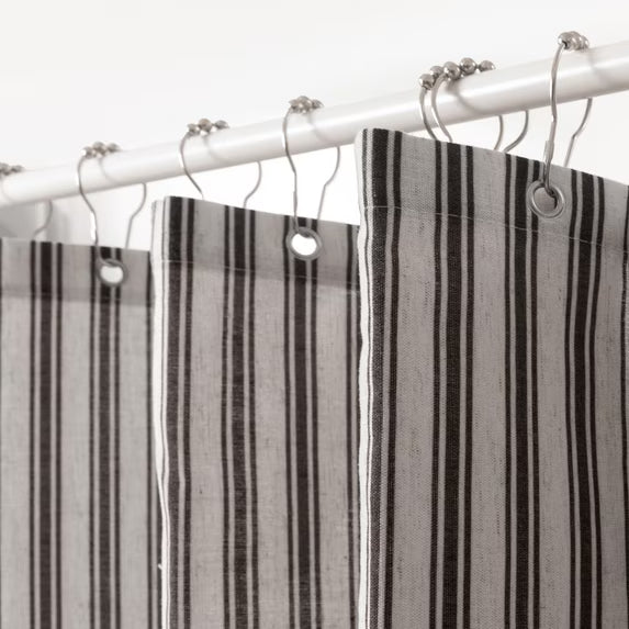 Black Striped Linen Shower Curtain, Vintage Farmhouse Style Bath Curtain for Bathroom, Country Fabric Shower Curtain with Rustic Charm, Standard Size (72x72 Inches)