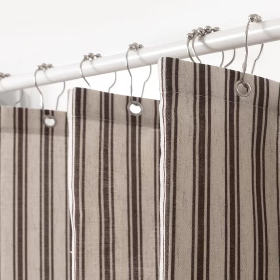 Brown Striped Linen Shower Curtain, Vintage Farmhouse Style Bath Curtain for Bathroom, Country Fabric Shower Curtain with Rustic Charm, Standard Size (72x72 Inches)