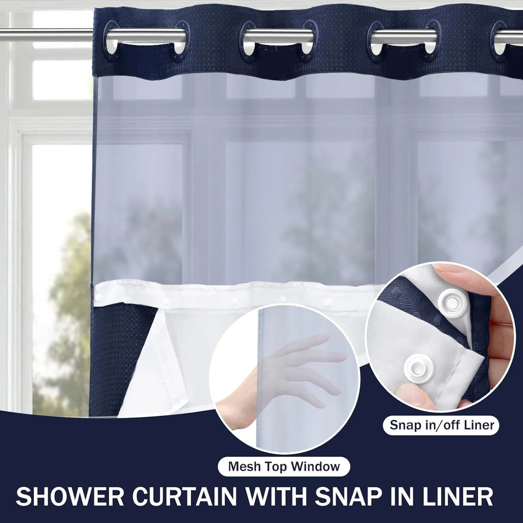 Psoiuetr Navy Blue Waffle Shower Curtain No Hook with Snap-in Fabric Liner Hotel Shower Curtain with See Through Top Window 72" W x 75" L