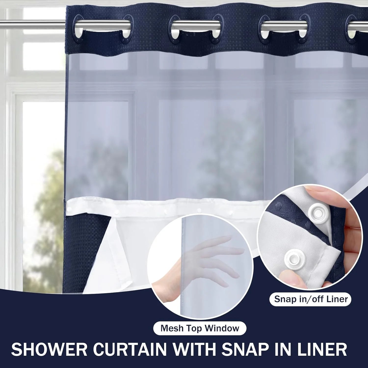 Psoiuetr Navy Blue Waffle Shower Curtain No Hook with Snap-in Fabric Liner Hotel Shower Curtain with See Through Top Window 72" W x 75" L