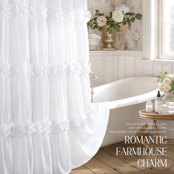 Psoiuetr Ruffle Shower Curtain with Vintage Cute Bow and Natural Linen Tuxtured Shower Curtain for Bathroom Boho Farmhouse White 72" x 72"