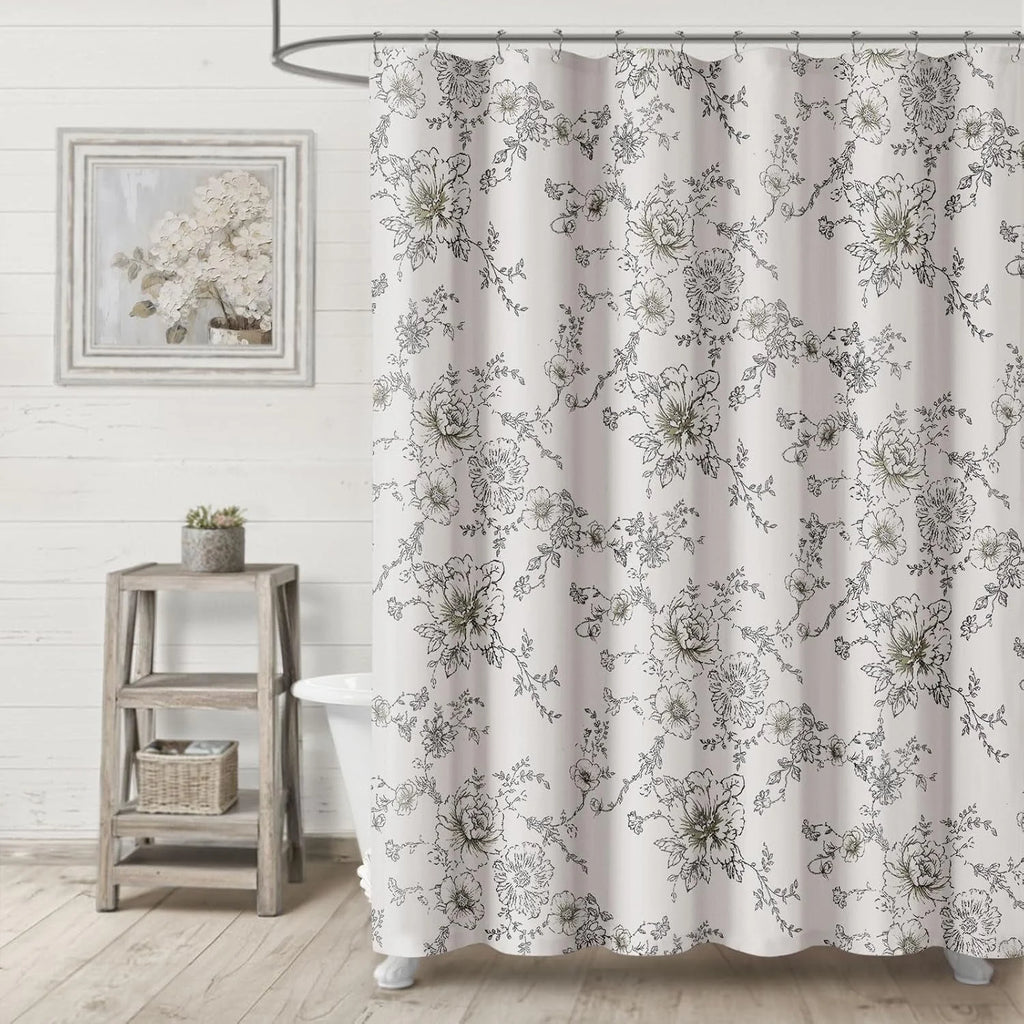 Farmhouse Floral Linen Shower Curtain, Vintage Black and White Pattern Rustic Shower Curtains for Bathroom,72x72
