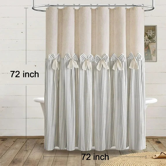 Psoiuetr Farmhouse Shower Curtain Bow Linen Textured Shower Curtains for Bathroom Western Rustic French Country Cottage Fabric, Pleated Gray Stripe, 72" W X 72" L Inch