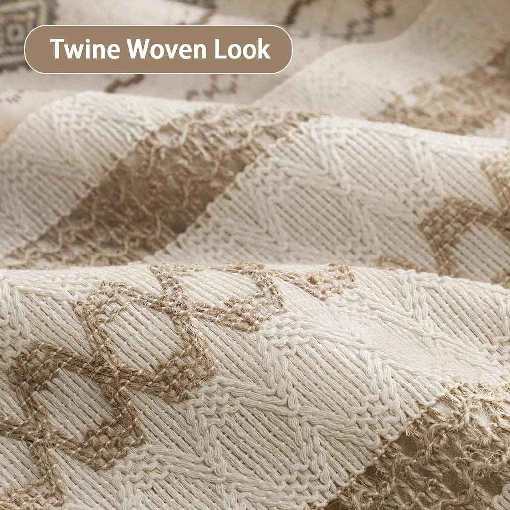 Boho Linen Shower Curtain for Bathroom,with Striped Print and Twine-Inspired Woven Center,72" W x 72" L,Beige