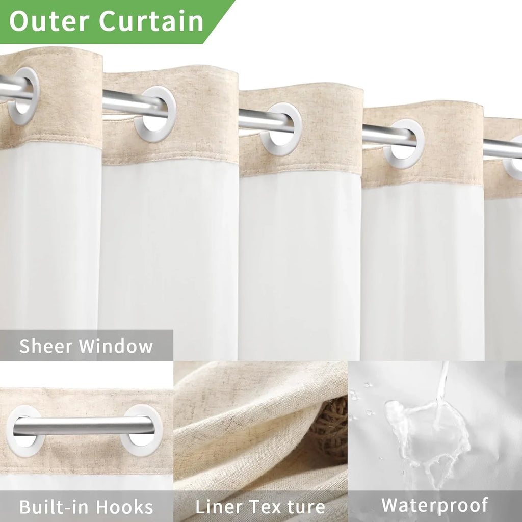 Psoiuetr Beige Linen Shower Curtain No Hook with Snap-in Fabric Liner Hotel Shower Curtain with See Through Top Window 72" W x 75" L
