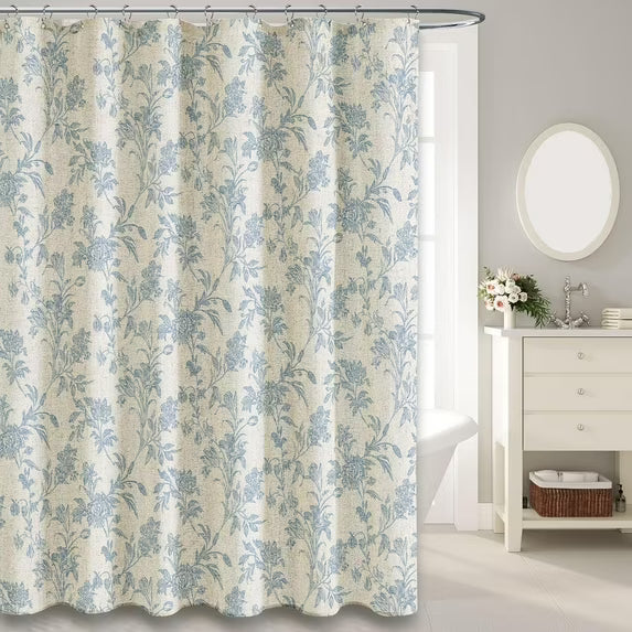 Psoiuetr Beige Linen Shower Curtain Blue Cotton Floral Cottagecore Spring Shower Curtain for Bathroom 72" W x 72" L