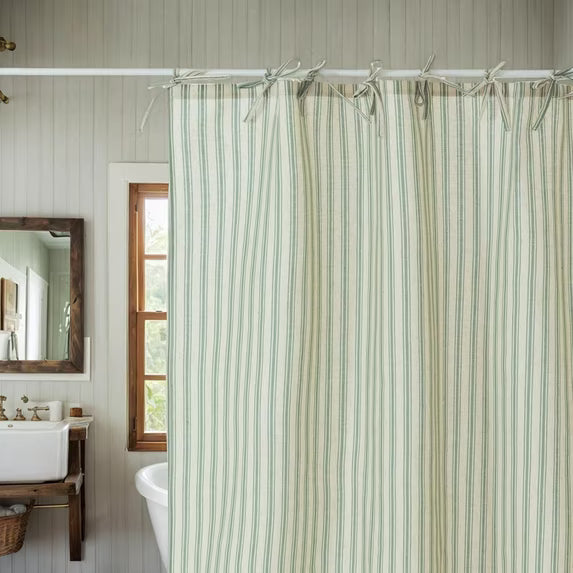 Green Striped Linen Hookless Shower Curtain, Vintage Farmhouse Style with Bow Knot Ties, Country Fabric Bathroom Curtain for Bathroom Decor, Standard Size (72x72 Inches)