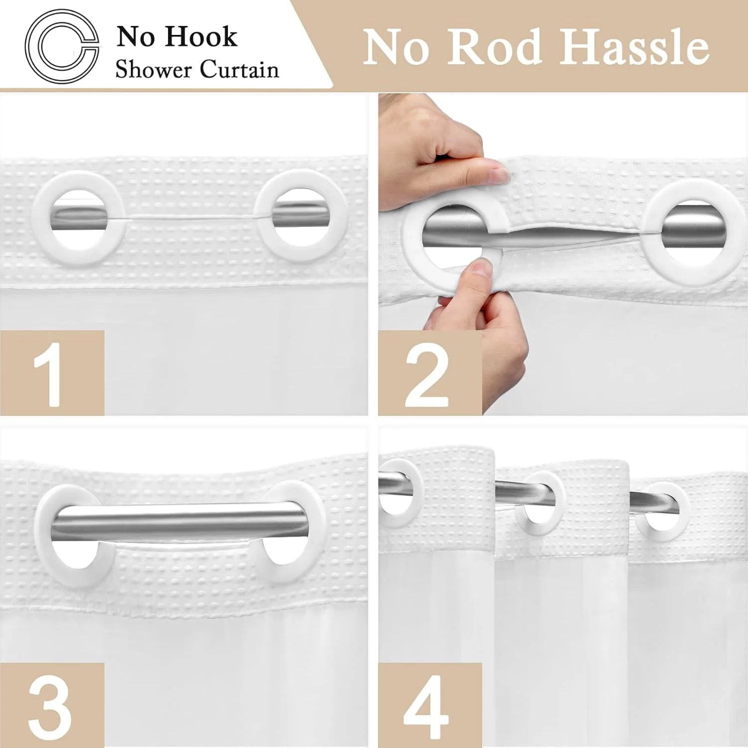 Psoiuetr White Waffle Shower Curtain No Hook with Snap-in Fabric Liner Hotel Shower Curtain with See Through Top Window 72" W x 75" L