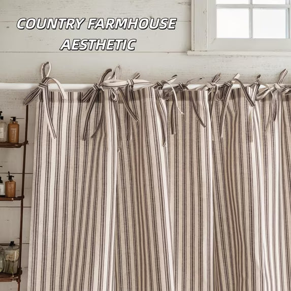 Brown Striped Linen Hookless Shower Curtain, Vintage Farmhouse Style with Bow Knot Ties, Country Fabric Bathroom Curtain for Bathroom Decor, Standard Size (72x72 Inches)