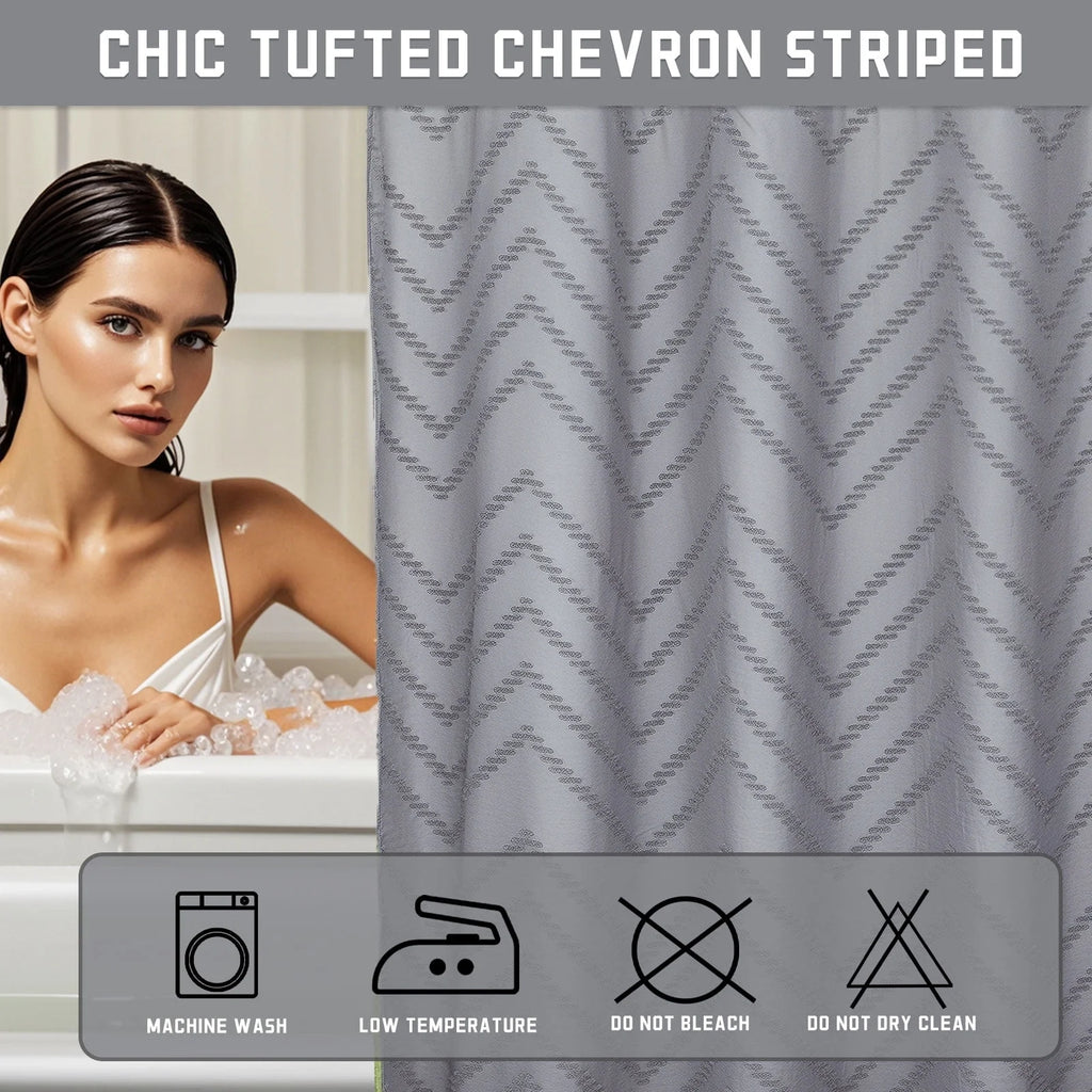 Psoiuetr No Hook Gray Boho Tufted Hotel Shower Curtain with Snap-in Fabric Liner Chevron Striped with Mesh Top Window Hookless 72" W x 75" L