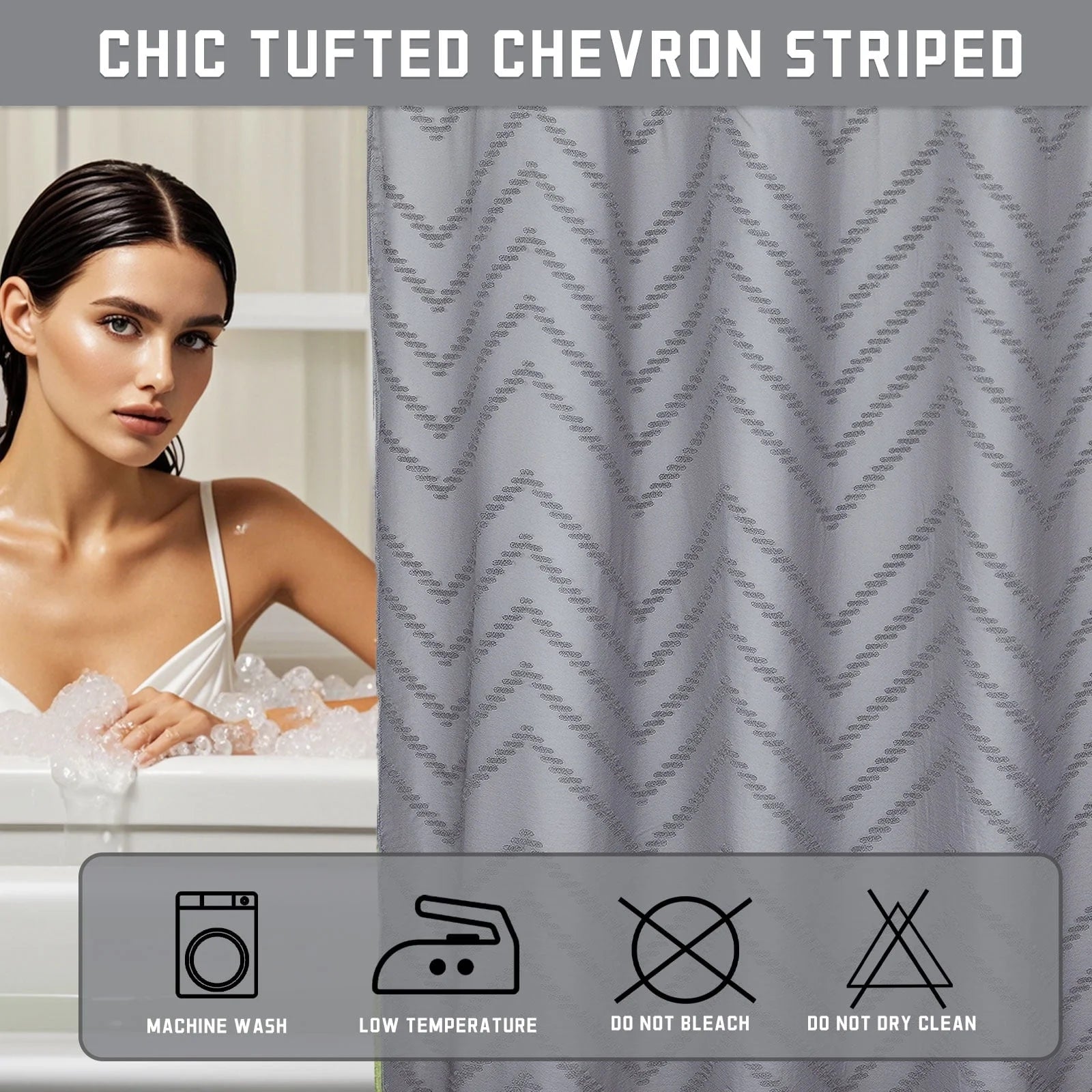 Psoiuetr No Hook Gray Boho Tufted Hotel Shower Curtain with Snap-in Fabric Liner Chevron Striped with Mesh Top Window Hookless 72" W x 75" L