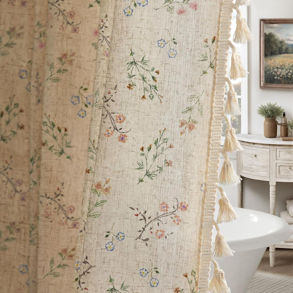 Psoiuetr Floral Farmhouse Vintage Linen Shower Curtain, French Country Shower Curtains for Bathroom with Tassels, 72Wx72H