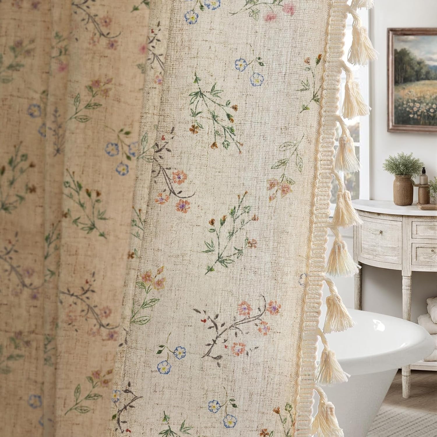 Psoiuetr Floral Farmhouse Vintage Linen Shower Curtain, French Country Shower Curtains for Bathroom with Tassels, 72Wx72H