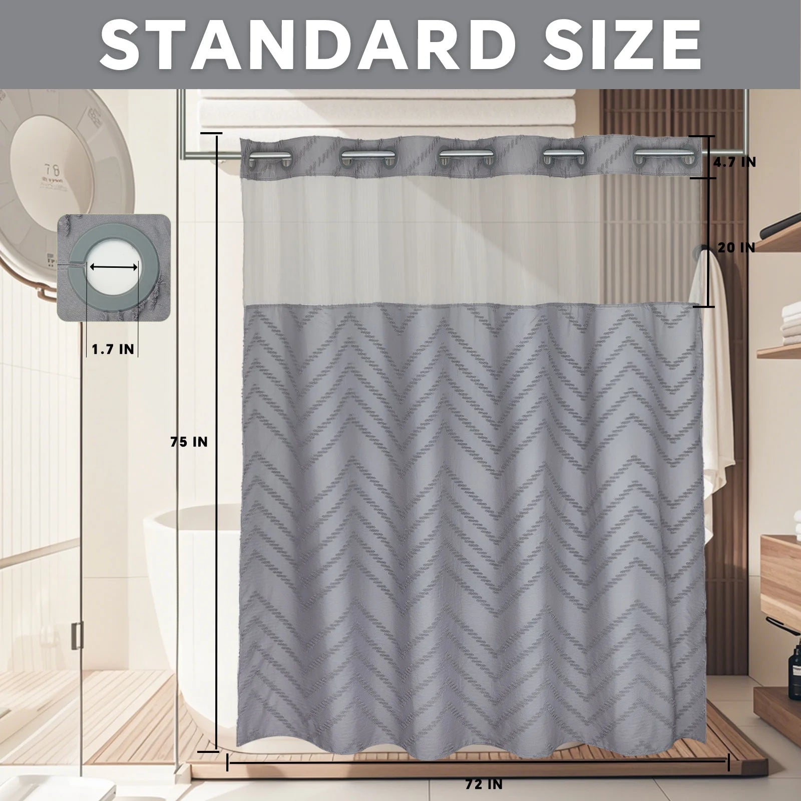 Psoiuetr No Hook Gray Boho Tufted Hotel Shower Curtain with Snap-in Fabric Liner Chevron Striped with Mesh Top Window Hookless 72" W x 75" L