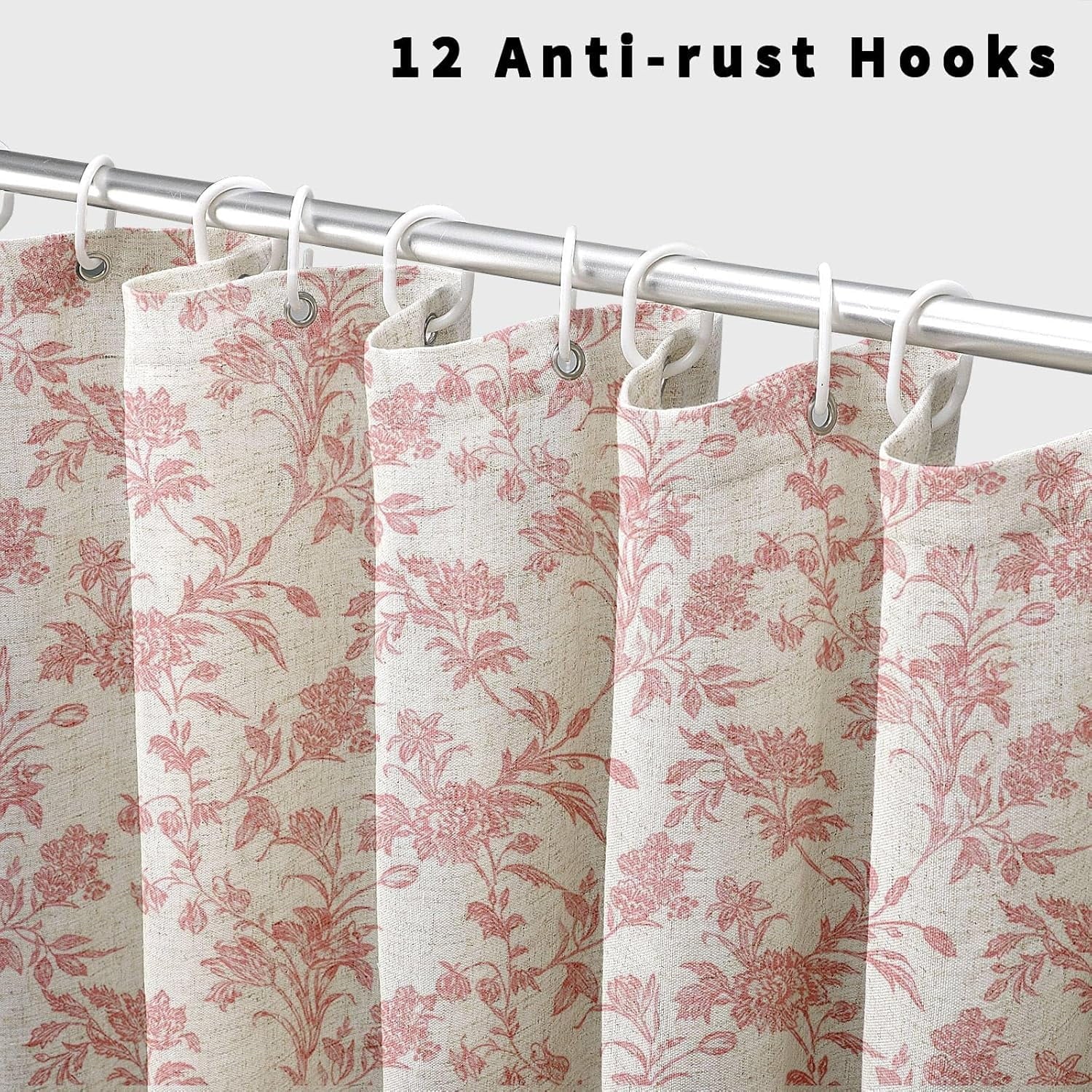 Psoiuetr Linen Shower Curtain Pink Cotton Floral Cottagecore Spring Shower Curtain for Bathroom 72" W x 72" L